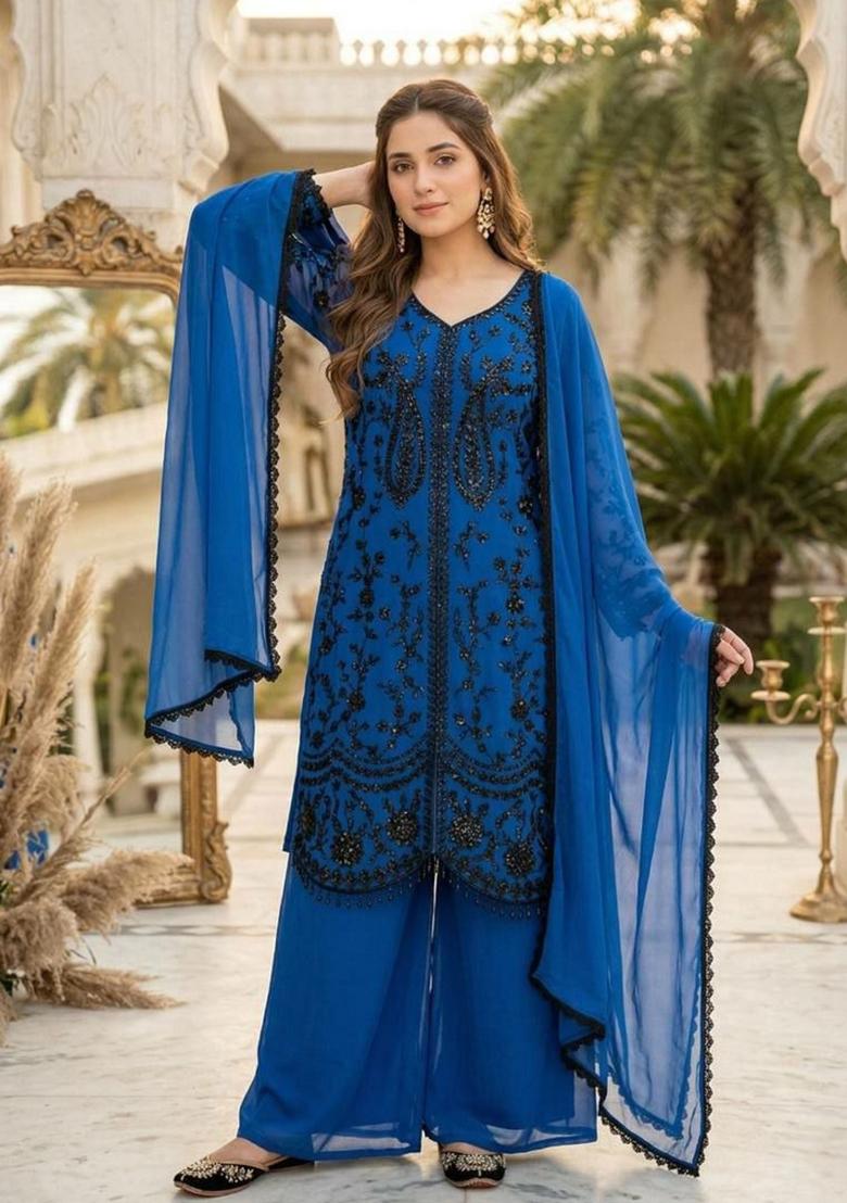Royal Blue Sequin Work Georgette Sharara Set - Indya
