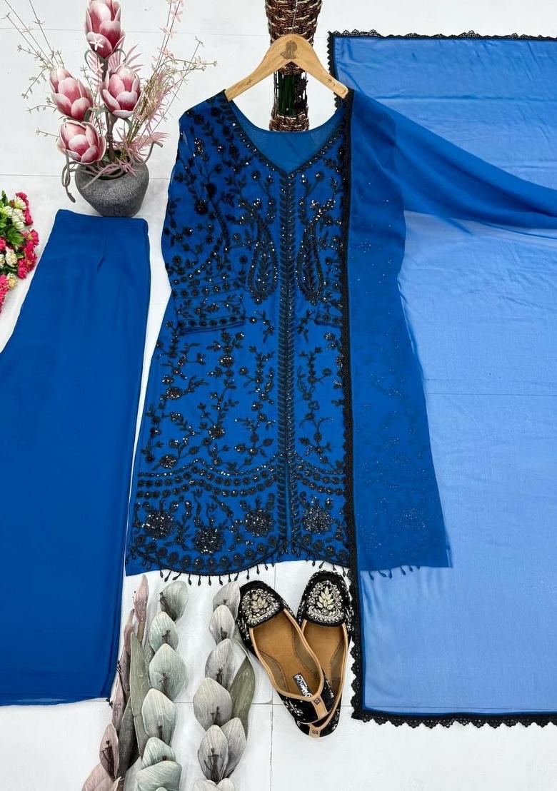 Royal Blue Sequin Work Georgette Sharara Set - Indya