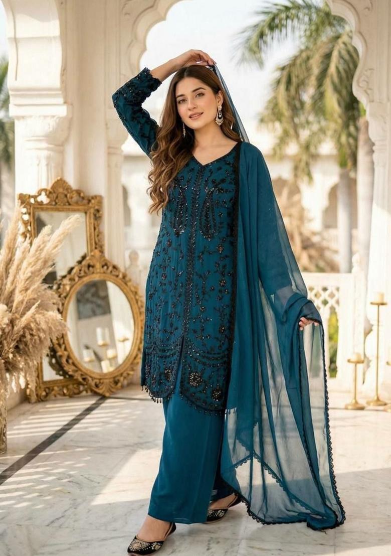 Dark Blue Sequin Work Georgette Sharara Set - Indya