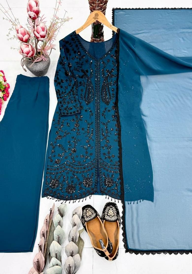 Dark Blue Sequin Work Georgette Sharara Set - Indya