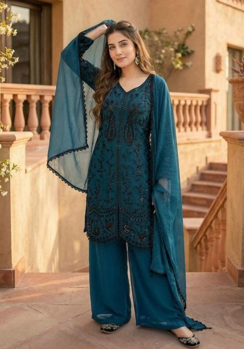 Dark Blue Sequin Work Georgette Sharara Set