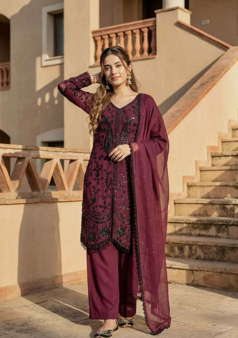 Maroon Sequin Work Georgette Sharara Set - Indya