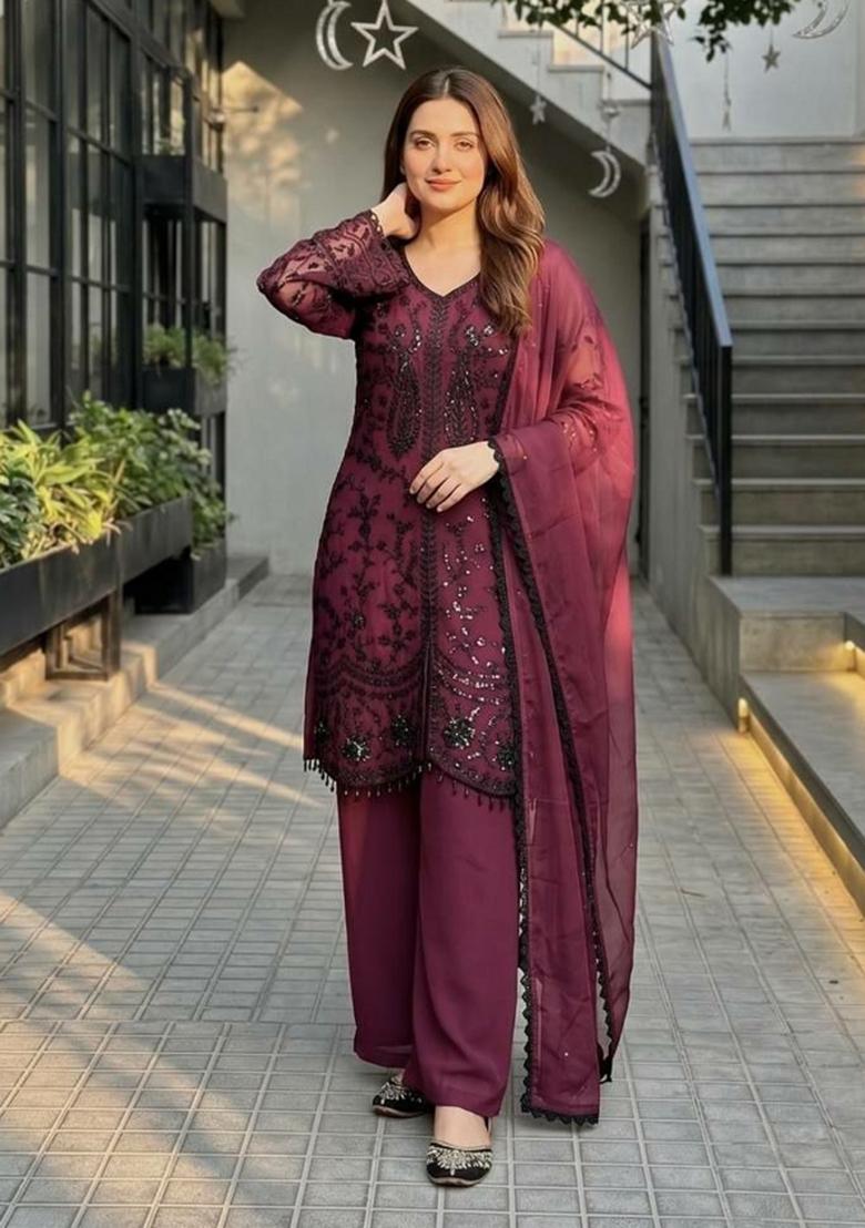Maroon Sequin Work Georgette Sharara Set - Indya