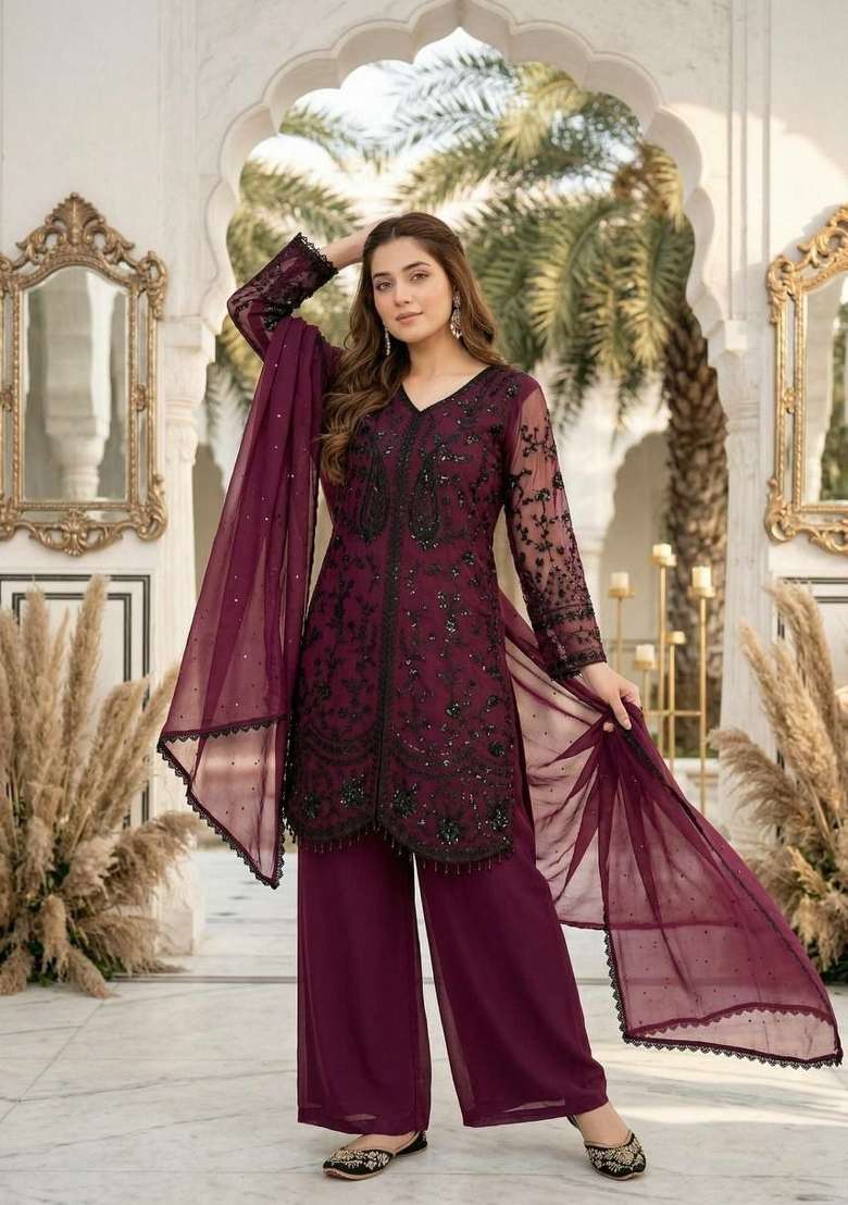 Maroon Sequin Work Georgette Sharara Set - Indya