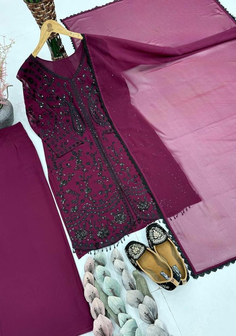 Maroon Sequin Work Georgette Sharara Set - Indya
