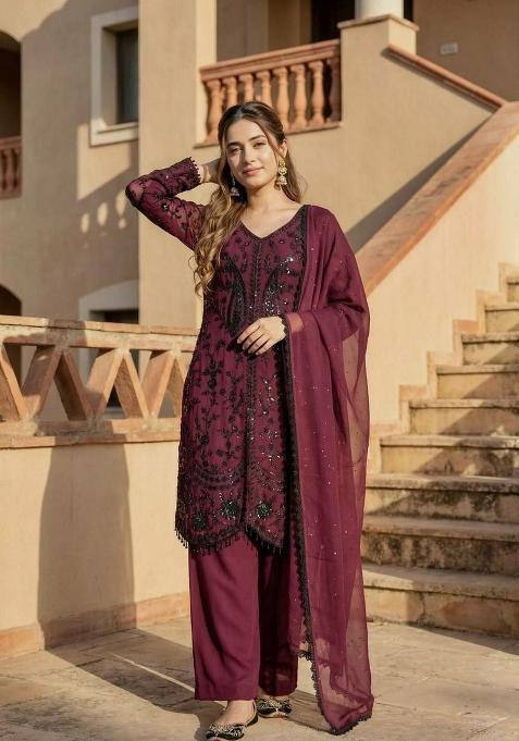 Maroon Sequin Work Georgette Sharara Set