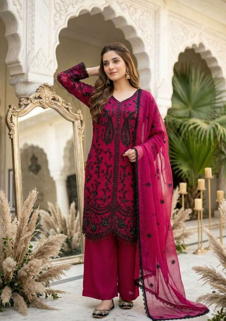 Red Sequin Work Georgette Sharara Set - Indya