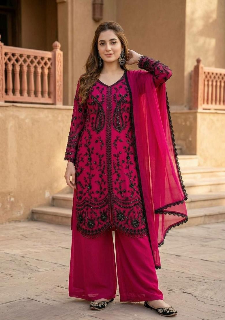 Red Sequin Work Georgette Sharara Set - Indya