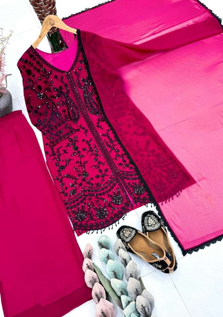 Red Sequin Work Georgette Sharara Set - Indya