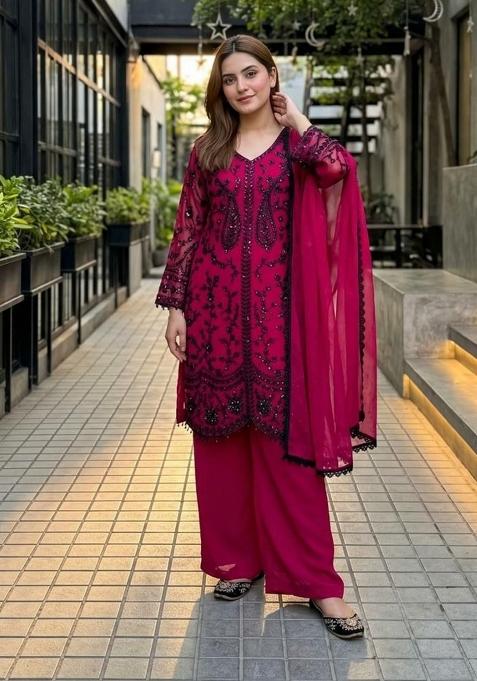 Red Sequin Work Georgette Sharara Set