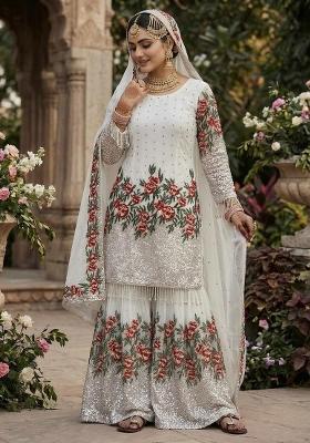 White Embroidered Silk Sharara Set