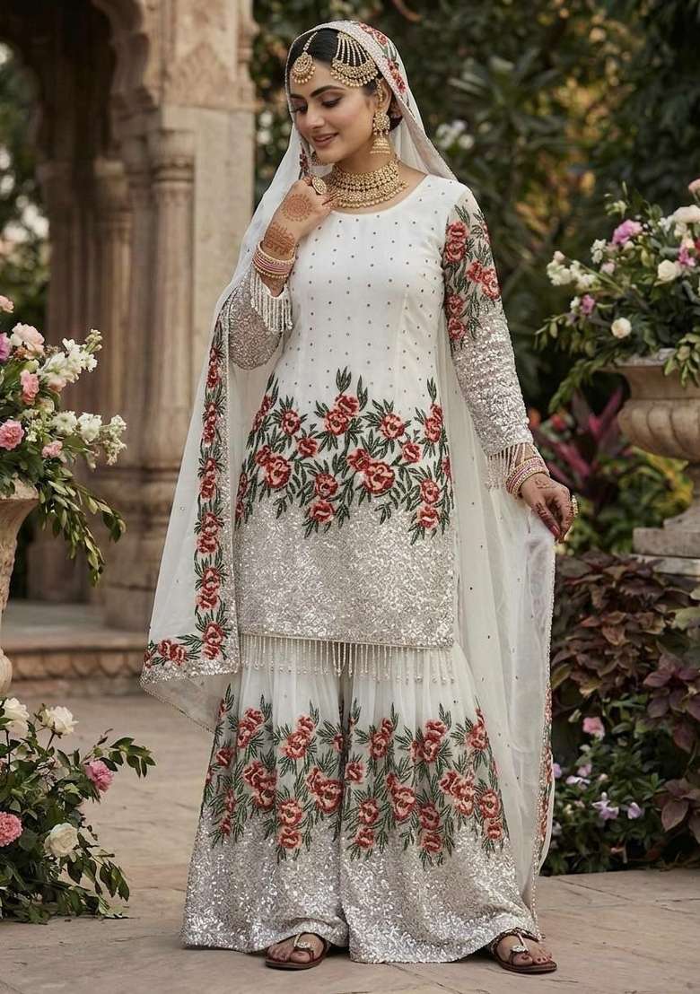 White Embroidered Silk Sharara Set - Indya