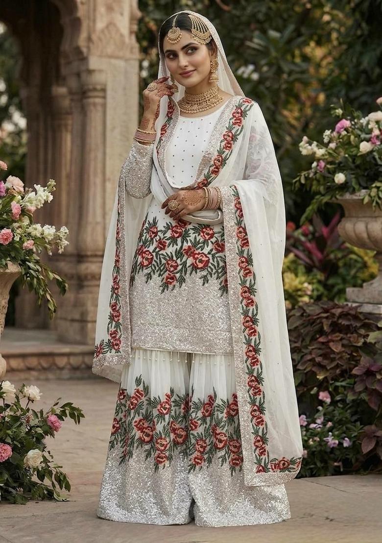 White Embroidered Silk Sharara Set - Indya