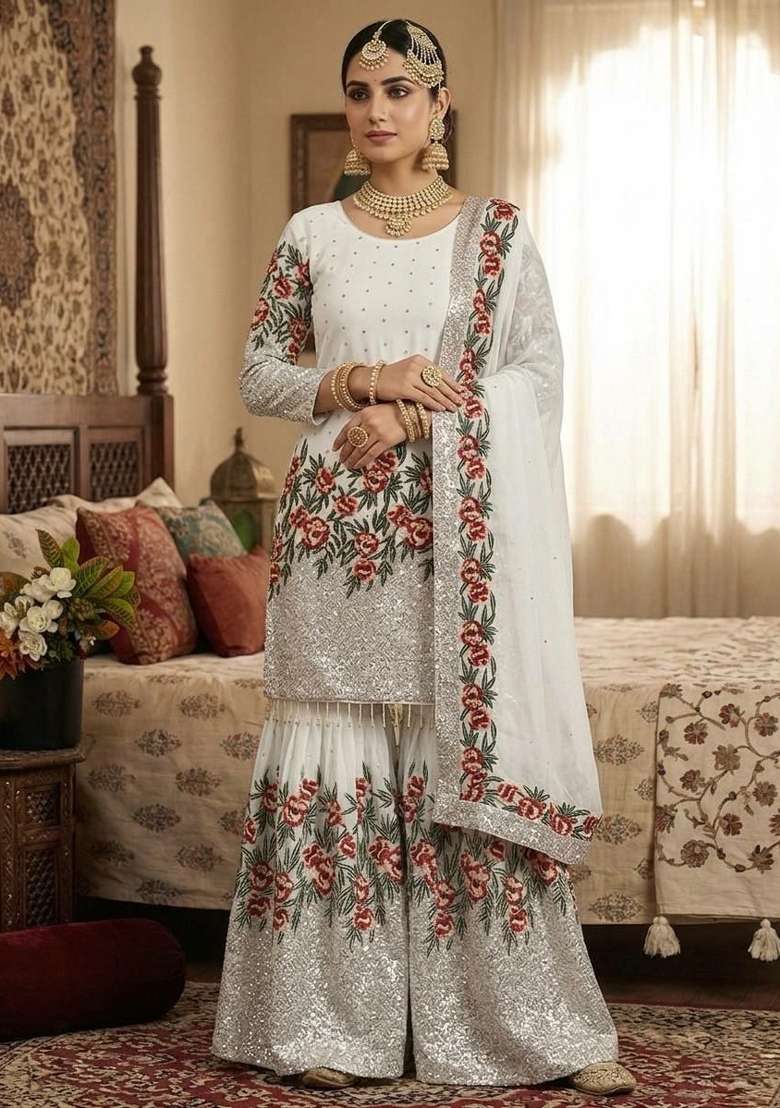 White Embroidered Silk Sharara Set - Indya