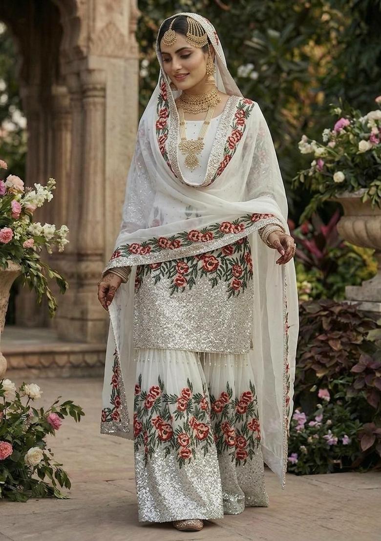 White Embroidered Silk Sharara Set - Indya