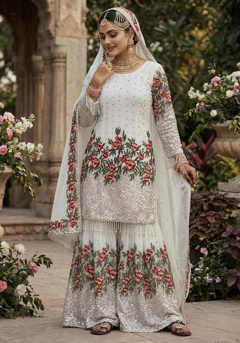 White Embroidered Silk Sharara Set