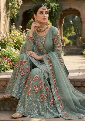 Green Embroidered Silk Sharara Set