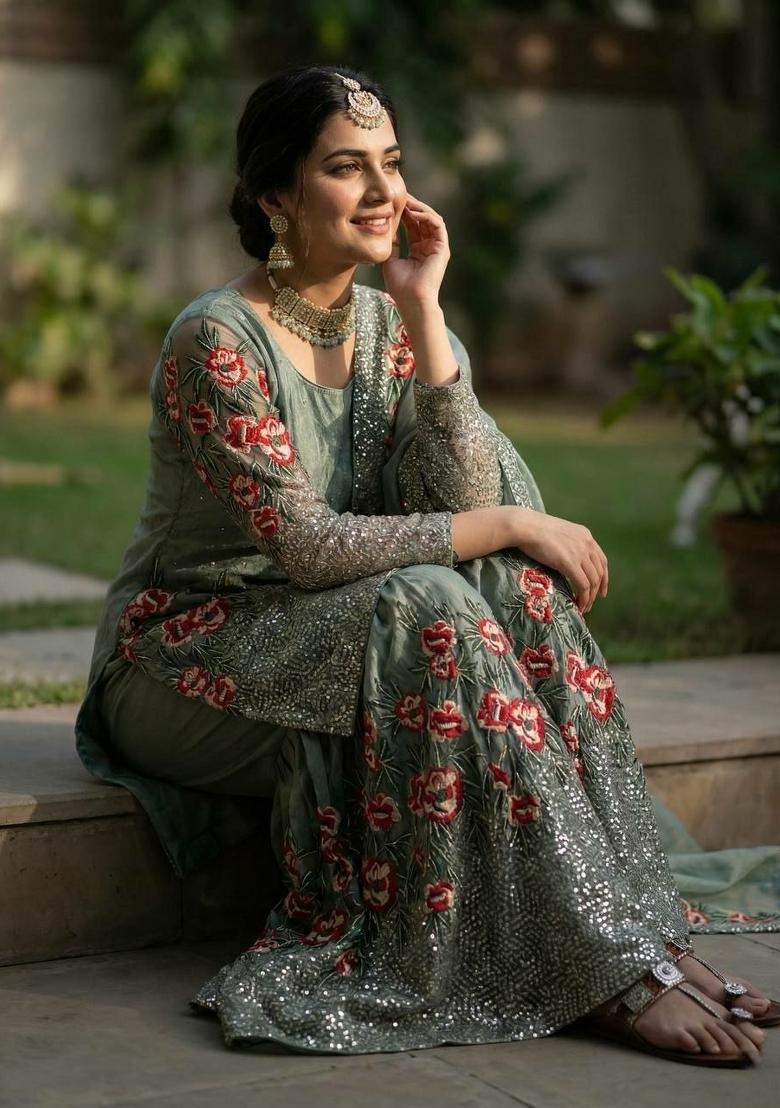 Green Embroidered Silk Sharara Set - Indya