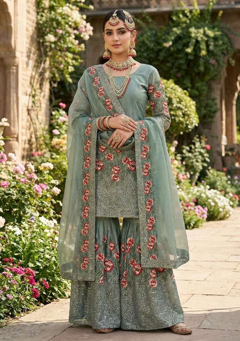 Green Embroidered Silk Sharara Set - Indya