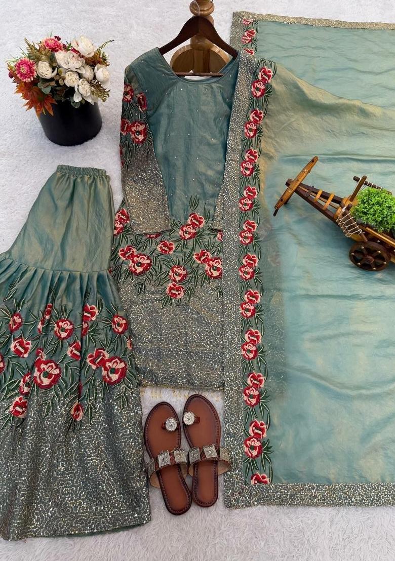 Green Embroidered Silk Sharara Set - Indya