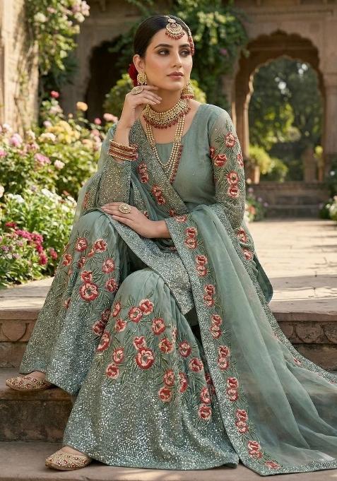 Green Embroidered Silk Sharara Set