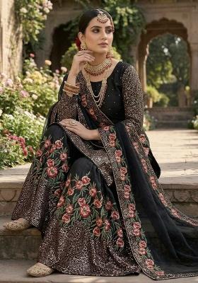 Black Embroidered Silk Sharara Set