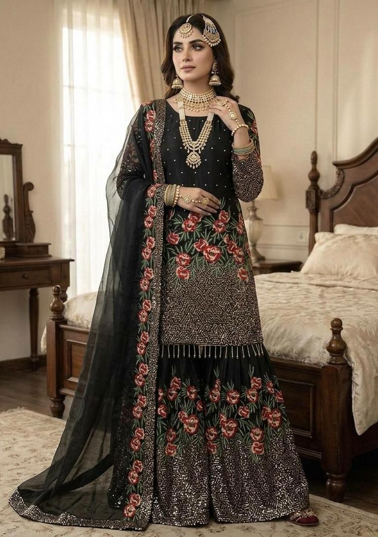 Black Embroidered Silk Sharara Set - Indya