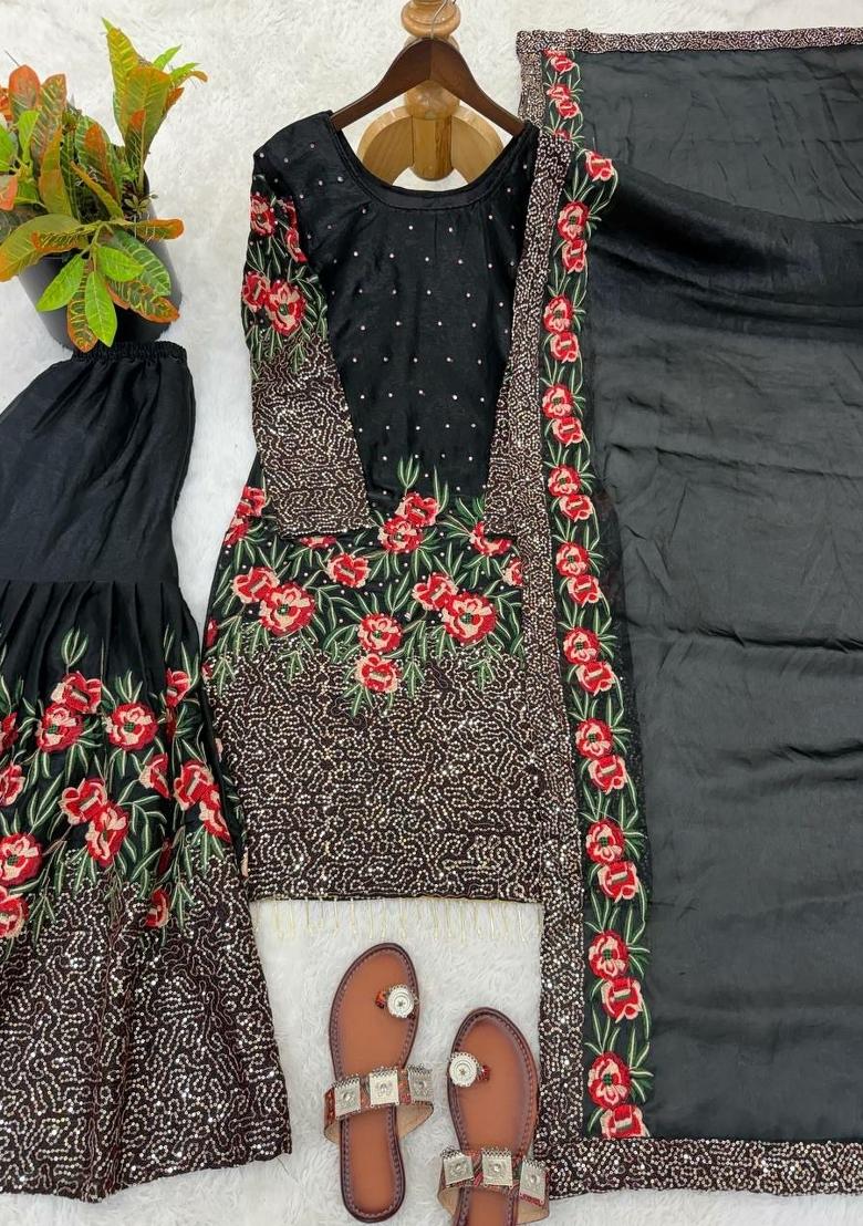 Black Embroidered Silk Sharara Set - Indya