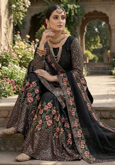 Black Embroidered Silk Sharara Set