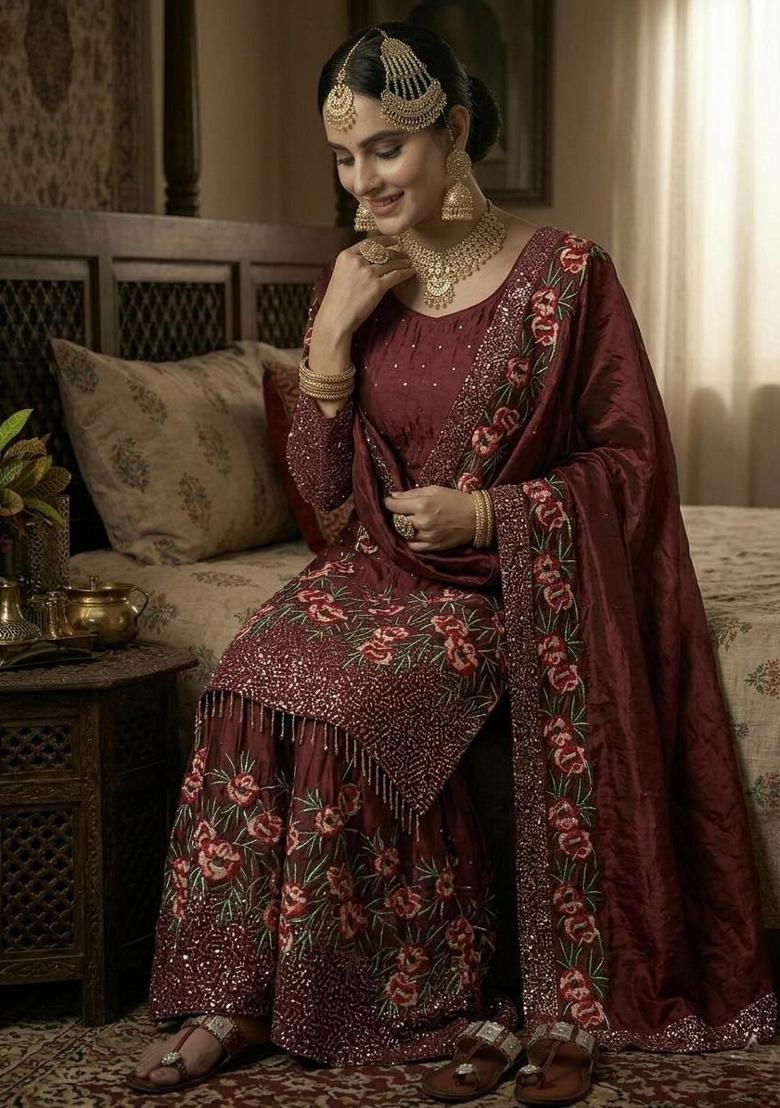 Maroon Embroidered Silk Sharara Set - Indya
