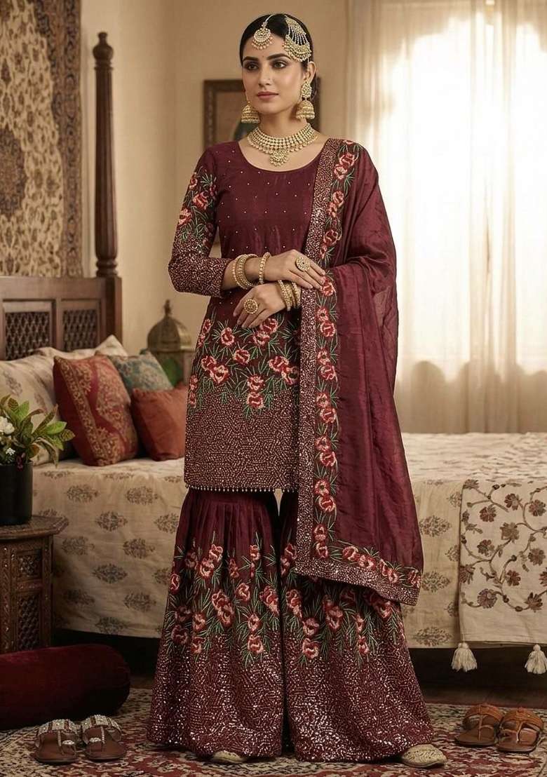 Maroon Embroidered Silk Sharara Set - Indya