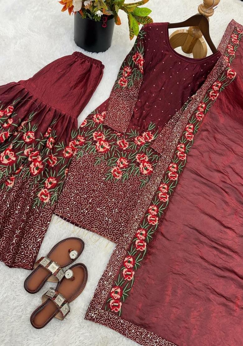 Maroon Embroidered Silk Sharara Set - Indya