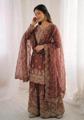Brown Embroidered Silk Sharara Set