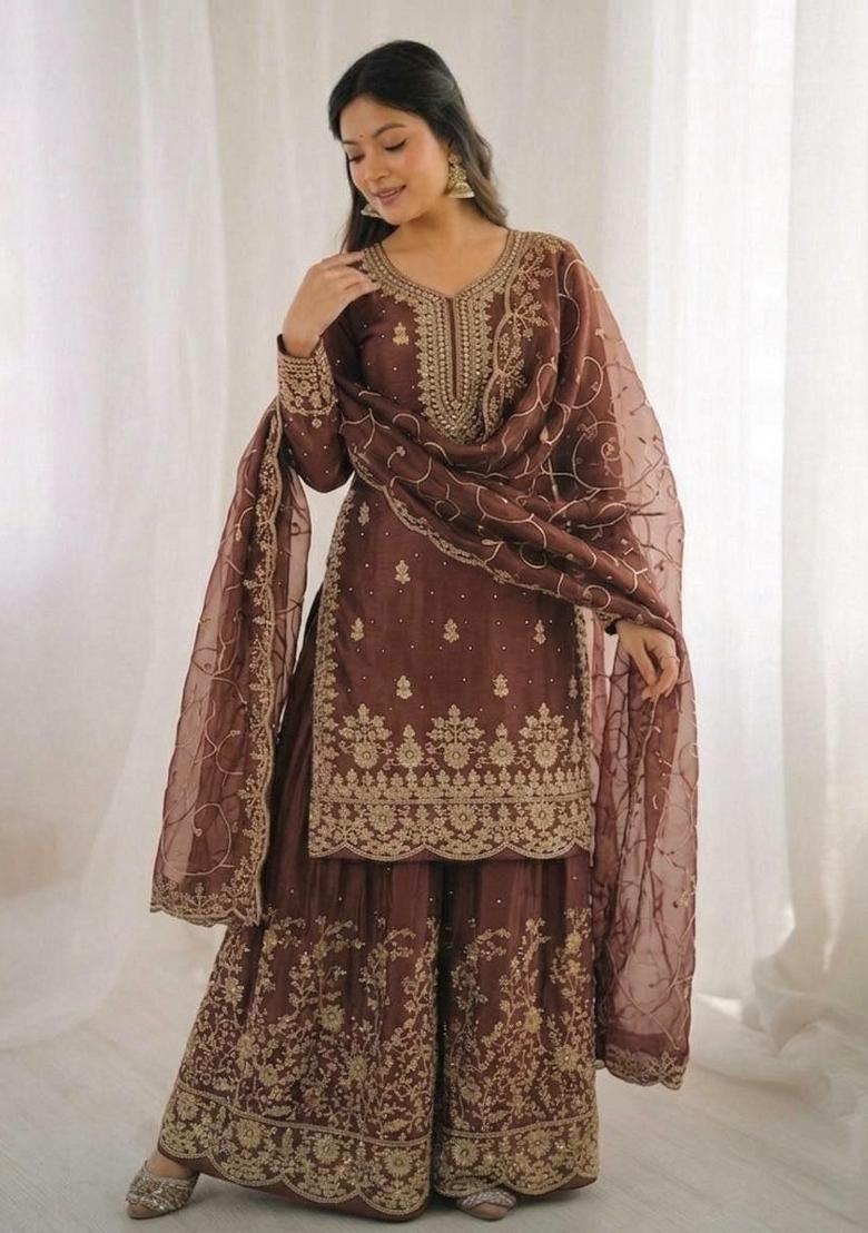 Brown Embroidered Silk Sharara Set - Indya