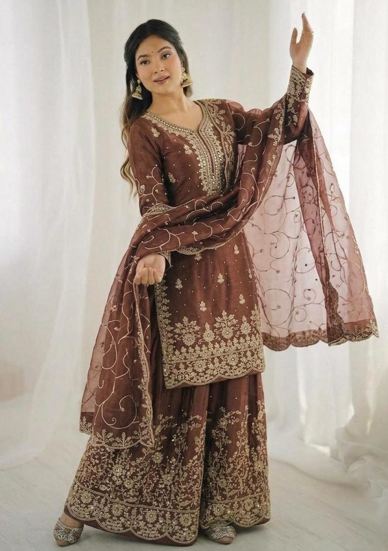 Brown Embroidered Silk Sharara Set - Indya