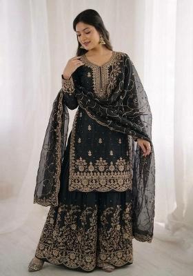 Black Embroidered Silk Sharara Set