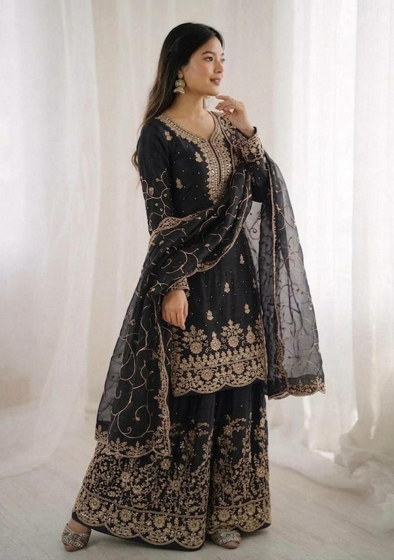 Black Embroidered Silk Sharara Set - Indya