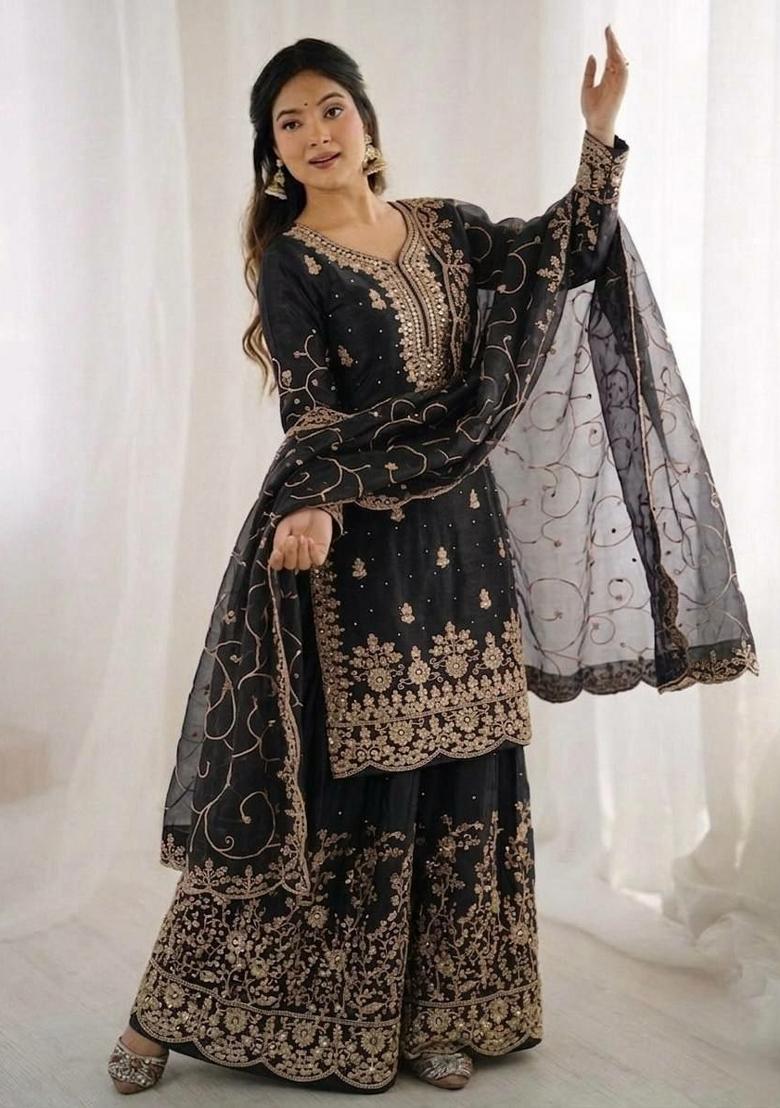 Black Embroidered Silk Sharara Set - Indya