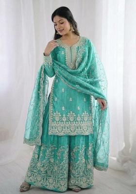 Blue Embroidered Silk Sharara Set
