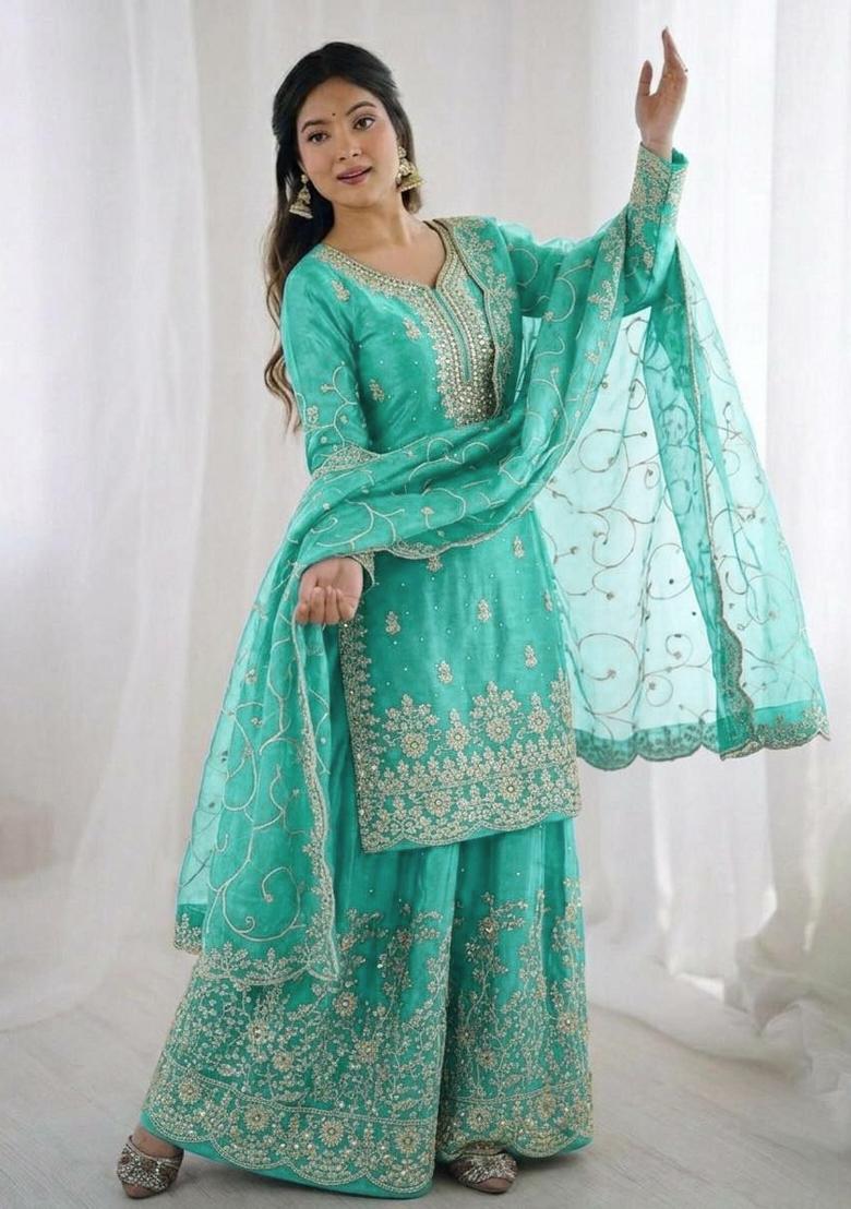 Blue Embroidered Silk Sharara Set - Indya