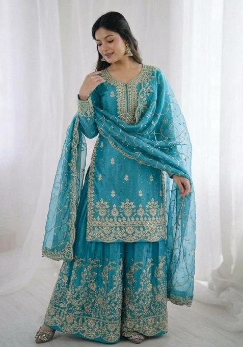 Blue Embroidered Silk Sharara Set