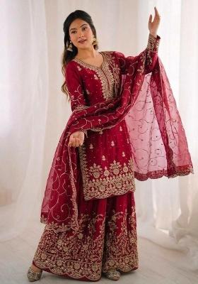 Red Embroidered Silk Sharara Set