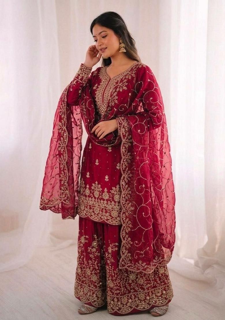 Red Embroidered Silk Sharara Set - Indya