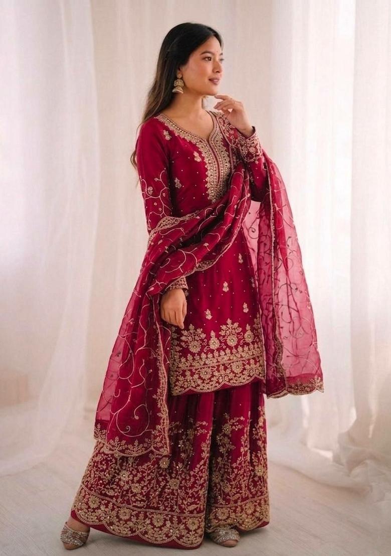 Red Embroidered Silk Sharara Set - Indya