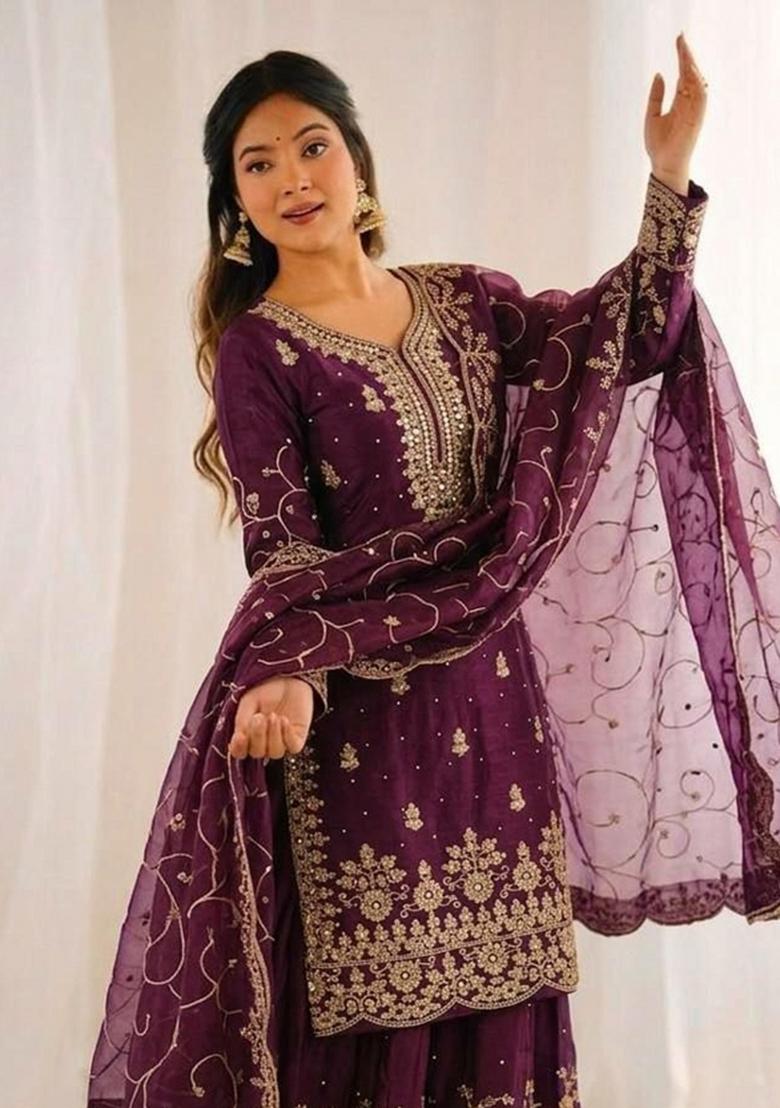 Purple&nbsp; Embroidered Silk Sharara Set - Indya