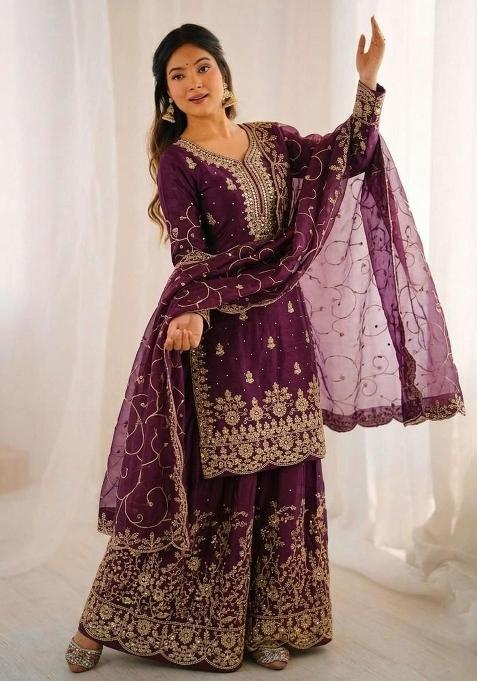 Purple&nbsp; Embroidered Silk Sharara Set