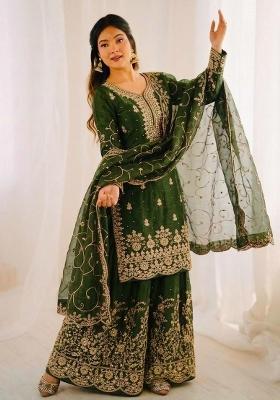 Green Embroidered Silk Sharara Set