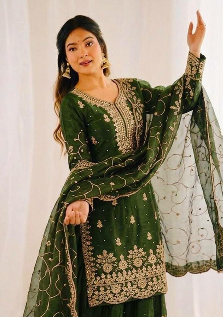 Green Embroidered Silk Sharara Set - Indya