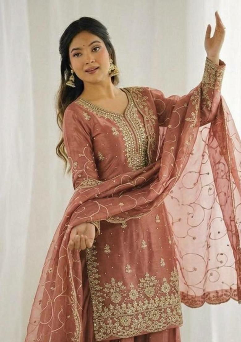 Peach Embroidered Silk Sharara Set - Indya