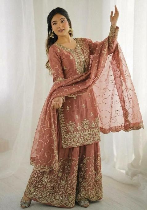 Peach Embroidered Silk Sharara Set